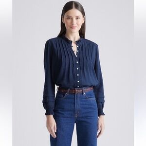 Quince Textured Cotton Peasant Blouse Navy Large Organic Button Down Feminine